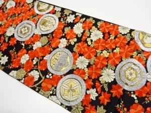 家紋に草花模様織出し袋帯